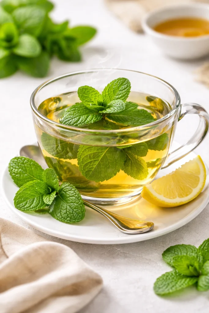 Fresh mint leaves on a clean white background