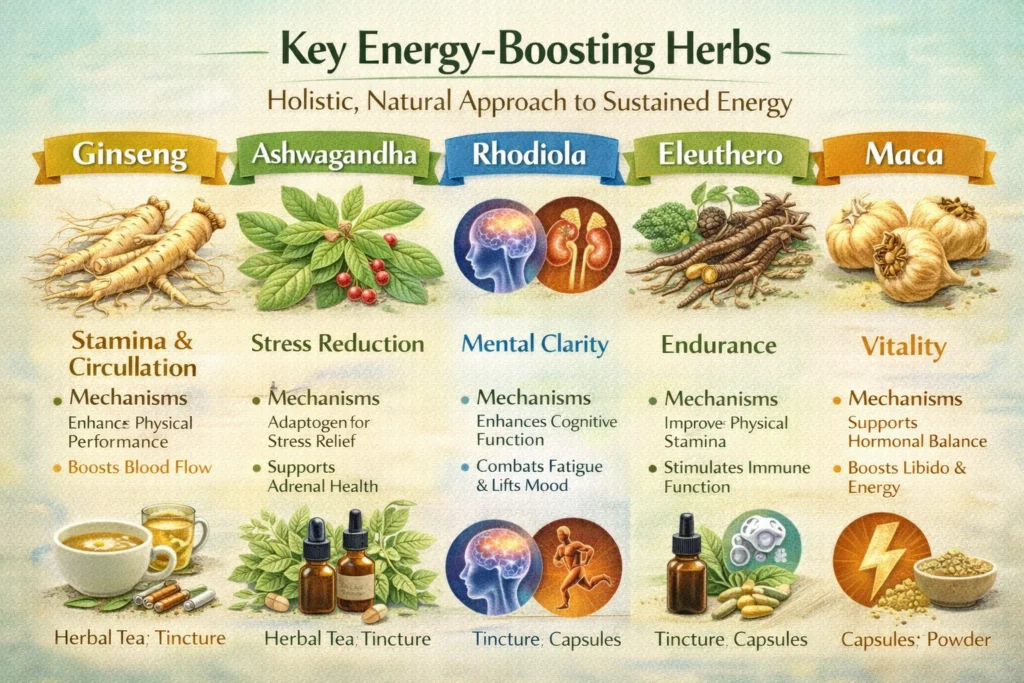 A detailed infographic illustrating the effects of key energy-boosting herbs: ginseng for stamina and circulation, ashwagandha for stress reduction, rhodiola for mental clarity, eleuthero for endurance, and maca for vitality. Each herb is labeled with its primary benefits, mechanisms, and optimal forms of use, highlighting a holistic, natural approach to sustained energy.
