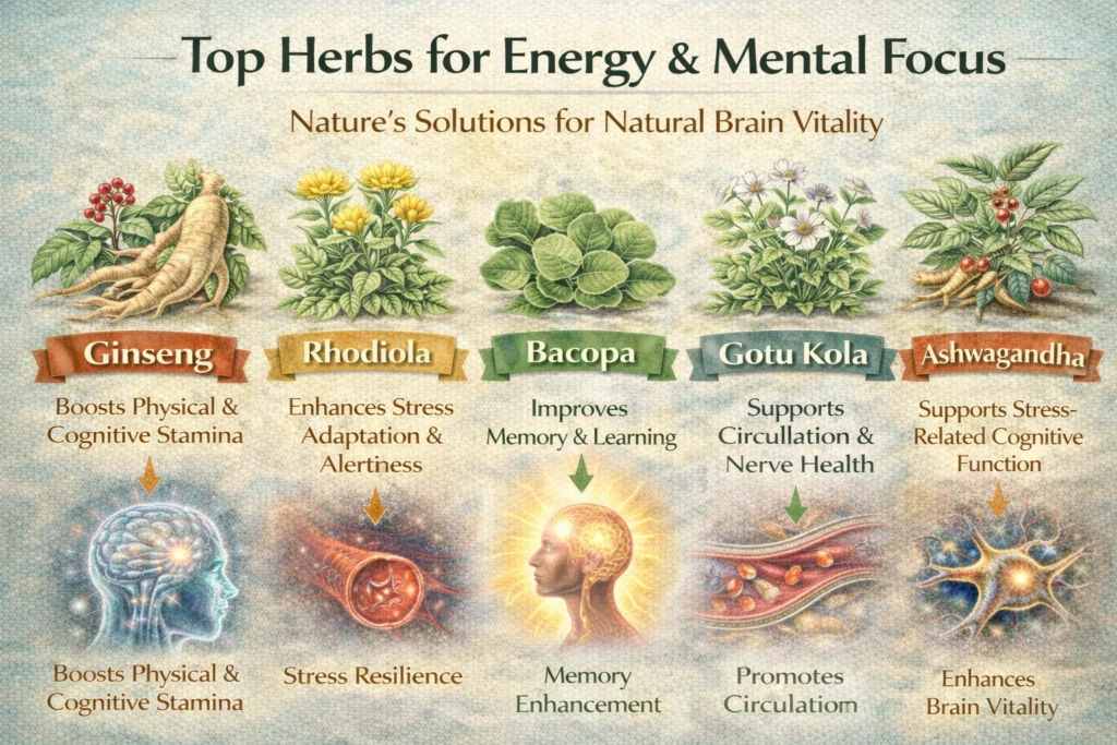 A visual infographic showing the top herbs for energy and mental focus: ginseng for physical and cognitive stamina, rhodiola for stress adaptation and alertness, bacopa for memory and learning, gotu kola for circulation and nerve health, and ashwagandha for stress-related cognitive support. The diagram illustrates each herb’s mechanisms and benefits for natural brain vitality.
