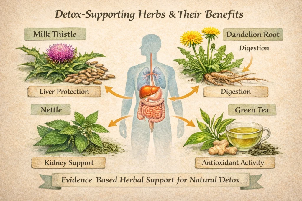 A high-quality infographic showing the main detox-supporting herbs with their specific benefits. Milk thistle for liver protection, dandelion root for digestion, nettle for kidney support, and green tea for antioxidant activity are depicted in vibrant detail. The image emphasizes how each herb contributes to natural detox pathways, encouraging responsible use and highlighting evidence-based support.