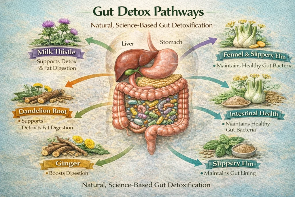 A visual infographic of gut detox pathways showing the liver, intestines, and microbiome. The illustration highlights herbs such as milk thistle, dandelion root, ginger, fennel, and slippery elm, and shows how they support bile production, reduce inflammation, stimulate digestion, and maintain healthy gut bacteria. The diagram emphasizes natural, science-based gut detoxification.