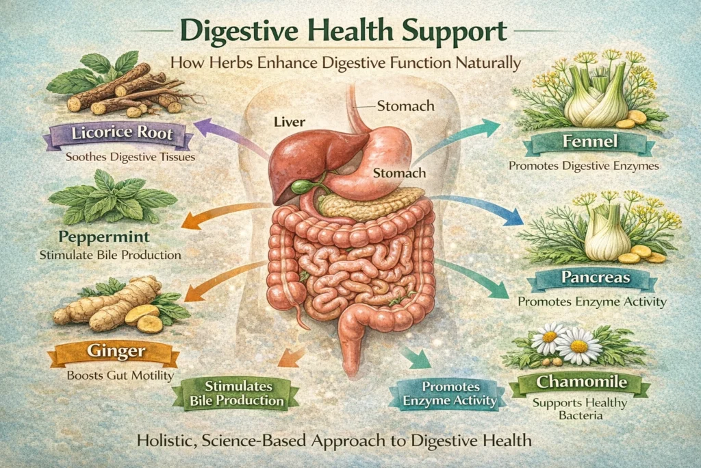 A high-quality educational illustration showing the human digestive system with the stomach, small intestine, large intestine, liver, pancreas, and gallbladder highlighted. Surrounding the organs are images of popular digestive herbs such as ginger, chamomile, peppermint, fennel, and licorice root. Arrows illustrate how these herbs interact with different digestive pathways, including bile production, enzyme activity, and gut motility, reinforcing a holistic, science-based approach to digestive health.