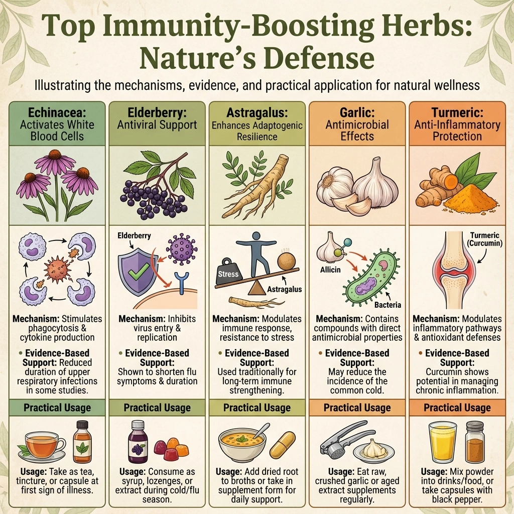 A visual infographic showing the top immunity-boosting herbs: echinacea for white blood cell activation, elderberry for antiviral support, astragalus for adaptogenic immune resilience, garlic for antimicrobial effects, and turmeric for anti-inflammatory protection. Each herb is depicted with its mechanism of action, illustrating evidence-based immune support and practical usage guidance.