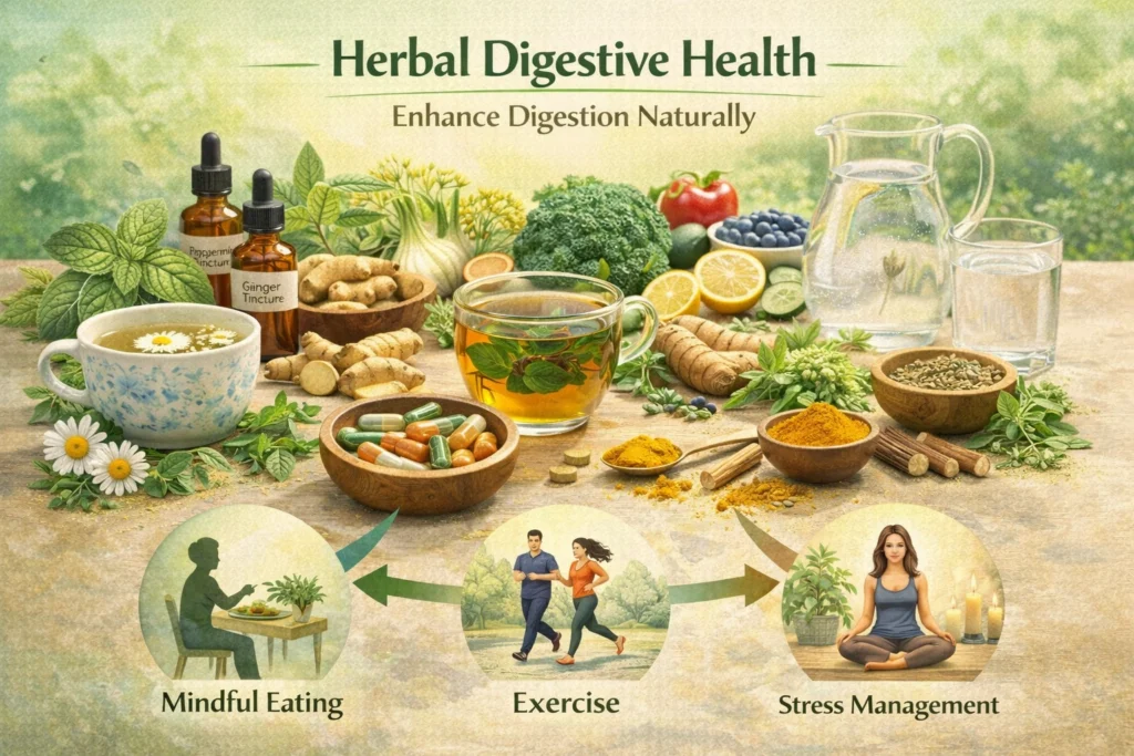 A holistic visual of herbal teas, tinctures, capsules, powders, fresh fruits, vegetables, water, and icons for mindful eating, exercise, and stress management. Herbs like peppermint, ginger, fennel, chamomile, licorice, and turmeric are highlighted, showing how they can be combined with healthy lifestyle practices to enhance digestive health naturally.