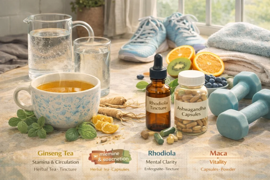 A lifestyle illustration showing a morning routine with herbal energy teas and supplements. Ginseng tea, ashwagandha capsules, and rhodiola tincture are placed alongside water, fresh fruit, and light exercise equipment. The image emphasizes practical, safe daily use of energy-boosting herbs integrated into a balanced lifestyle to naturally enhance vitality and stamina.