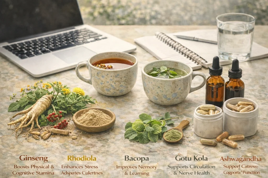 A lifestyle image showing a workspace with herbal teas, powdered supplements, tinctures, and capsules alongside a laptop, notebook, and fresh water. Herbs like ginseng, rhodiola, bacopa, gotu kola, and ashwagandha are displayed, illustrating safe, practical daily use to naturally enhance energy, focus, and mental clarity during work or study.