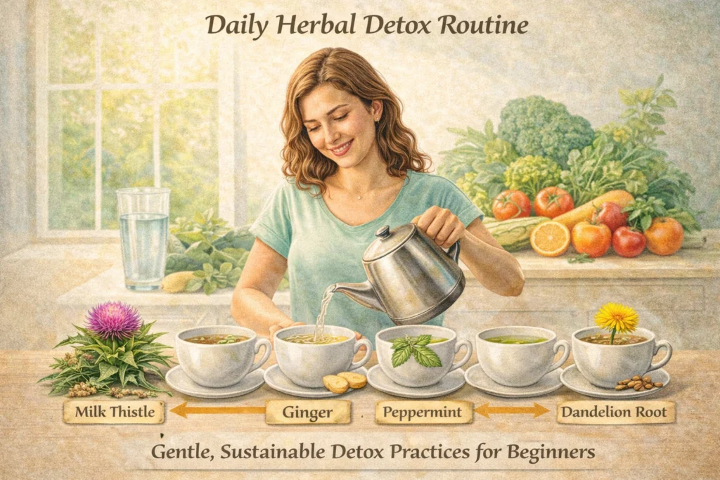 illustration showing a woman preparing a daily herbal detox routine with tea cups containing milk thistle, ginger, peppermint, and dandelion root. The background includes a glass of water, fresh fruits, and vegetables, highlighting hydration and balanced nutrition. The image emphasizes gentle, sustainable detox practices suitable for beginners.