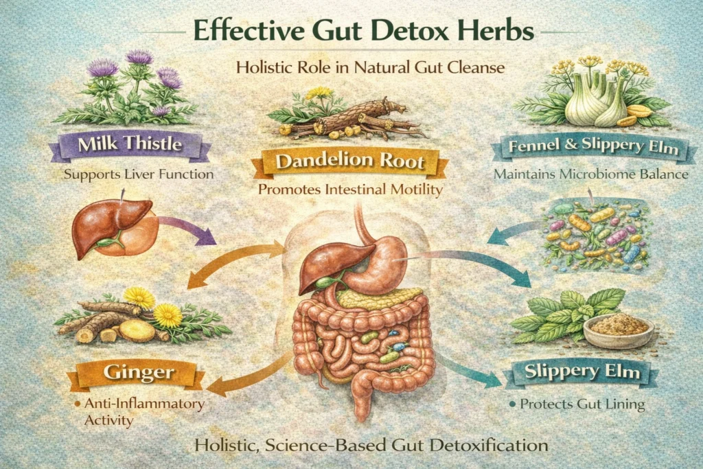 A visual guide showing the most effective gut detox herbs including milk thistle, dandelion root, ginger, peppermint, fennel, and slippery elm. The illustration depicts each herb’s method of action: liver support, intestinal motility, microbiome balance, anti-inflammatory activity, and digestive comfort, emphasizing their holistic role in a natural gut cleanse.