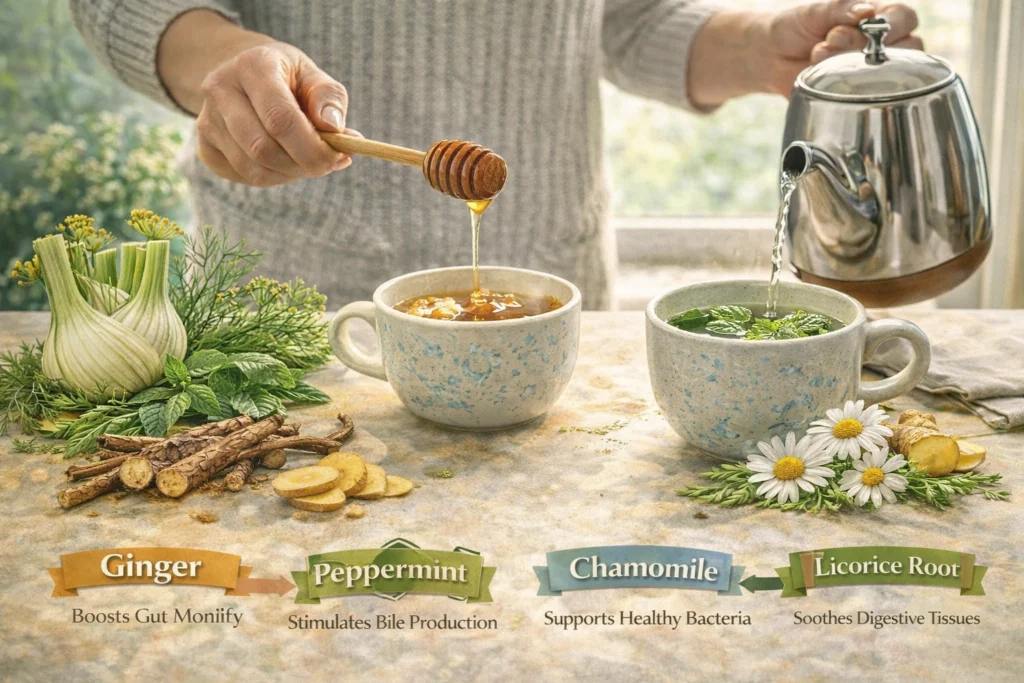 A lifestyle-focused image showing a person preparing a daily digestive wellness routine. The scene includes cups of peppermint tea, chamomile tea, and ginger slices on a counter, alongside fresh herbs such as fennel and licorice root. The visual emphasizes gentle, practical daily use of herbs for digestion, highlighting both preparation and consumption in a safe, holistic manner.