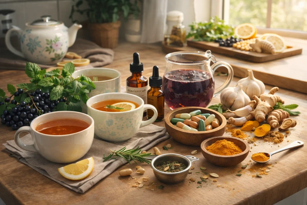 A lifestyle illustration showing a kitchen counter with herbal teas, tinctures, capsules, and fresh herbs such as garlic, turmeric, and ginger. The image demonstrates practical, daily use of immune-supporting herbs in a balanced routine. It emphasizes safety, variety, and integration into meals and beverages for holistic immunity support.