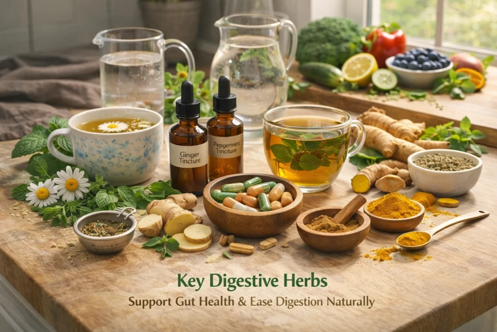 A holistic visual of herbal teas, tinctures, capsules, powders, fresh fruits, vegetables, water, and icons for mindful eating, exercise, and stress management. Herbs like peppermint, ginger, fennel, chamomile, licorice, and turmeric are highlighted, showing how they can be combined with healthy lifestyle practices to enhance digestive health naturally.