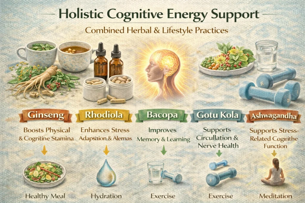 A visual depicting holistic cognitive energy support: herbal teas, tinctures, and capsules, healthy meals, hydration, exercise icons, and meditation symbols. Herbs like ginseng, rhodiola, bacopa, gotu kola, and ashwagandha are highlighted, emphasizing how herbal support combined with lifestyle practices enhances mental clarity, focus, and energy naturally.