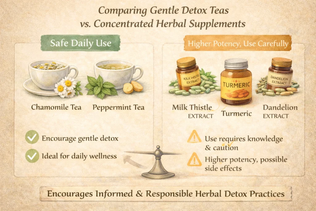 An educational chart comparing gentle detox teas versus concentrated herbal supplements, highlighting potential risks and benefits. On one side, cups of chamomile, peppermint, and ginger tea represent safe daily use. On the other, capsules of milk thistle, turmeric, and dandelion extracts illustrate higher potency and the need for caution. The image encourages informed, responsible herbal detox practices.