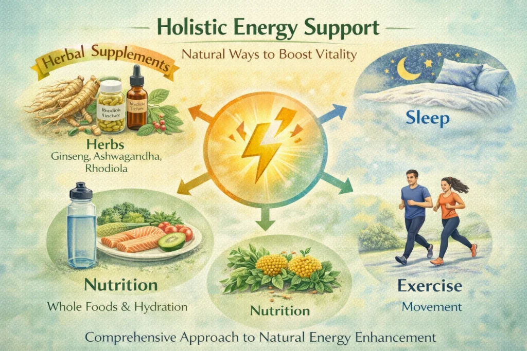 A visual showing holistic energy support combining herbs, nutrition, sleep, and exercise. Illustrated elements include herbal supplements (ginseng, ashwagandha, rhodiola), a balanced plate of food, a water bottle, a bed representing sleep, and light exercise icons. The image emphasizes a comprehensive approach to natural energy enhancement for long-term vitality.
