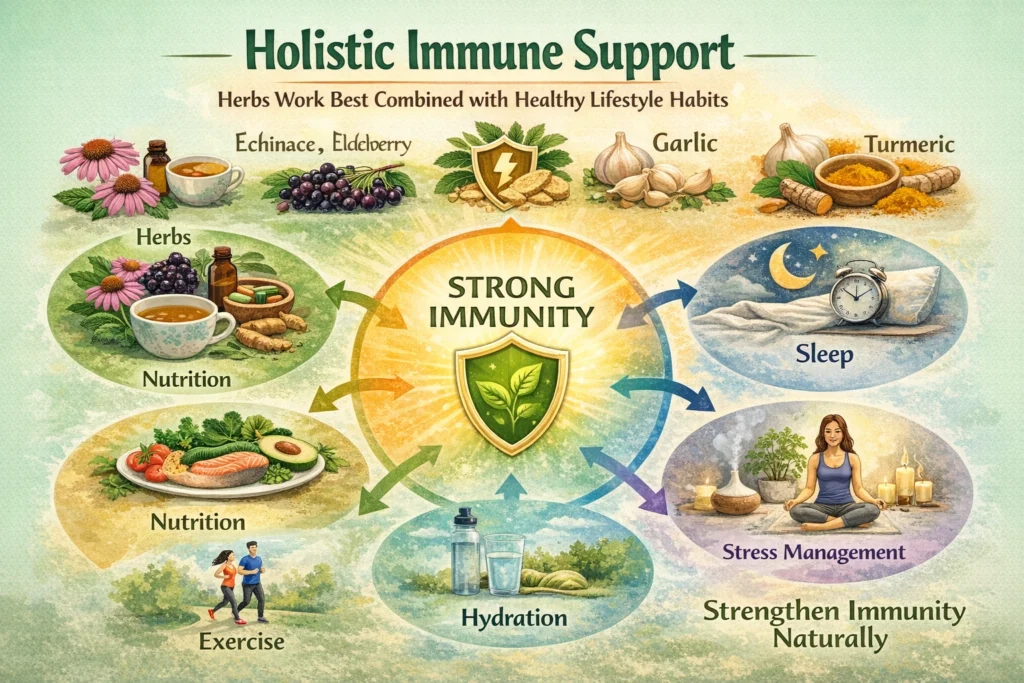 An educational diagram showing holistic immune support combining herbs, nutrition, sleep, exercise, hydration, and stress management. Illustrated herbs include echinacea, elderberry, astragalus, garlic, and turmeric. The image emphasizes that herbal support works best when combined with healthy lifestyle habits, providing a visual guide to strengthening immunity naturally.