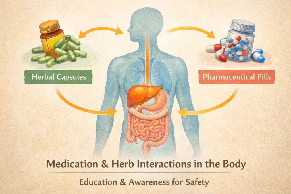 Medical-style illustration depicting a human silhouette with highlighted internal organs such as the liver and digestive system, alongside icons representing herbal capsules and pharmaceutical pills. Arrows indicate interaction pathways, visually explaining how herbs and medications may influence each other inside the body. The image emphasizes education and awareness rather than alarm.